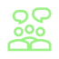 Green line icon showing three people with speech bubbles above them, representing communication or planning.