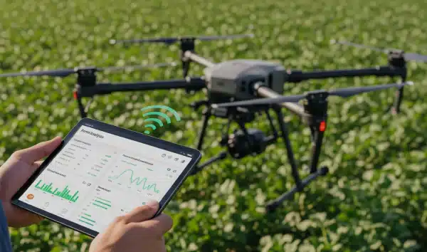 Farmer using a tablet to control and monitor a drone in a crop field, displaying live agricultural analytics on screen.