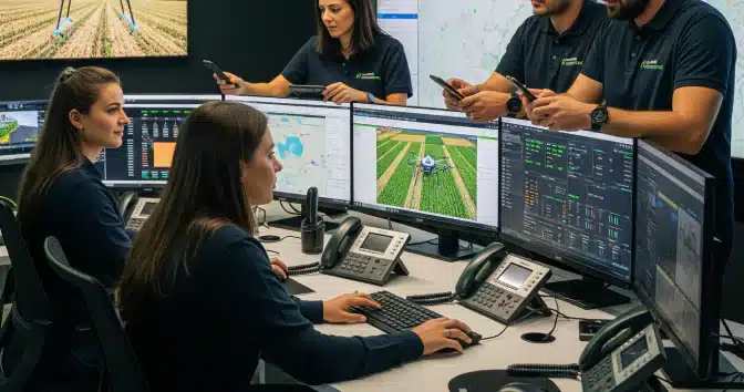 Agriculture professionals monitoring drone operations from a control center, using multiple computer screens and real-time data dashboards.