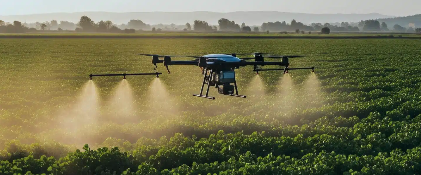 Drone spraying crops over a large green field with trees and hills in the background.