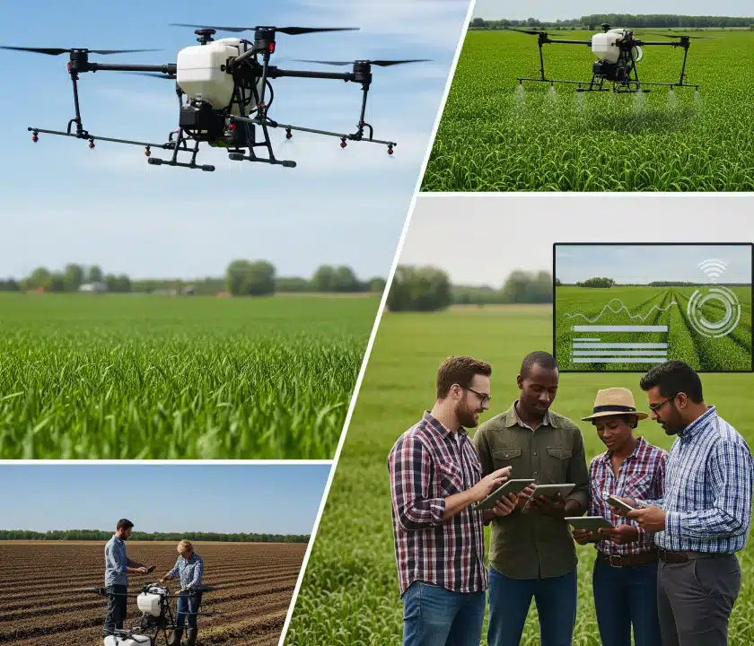 A collage showing agricultural drone operations: drones spraying fields, farmers preparing drone equipment, digital analysis overlays, and a team of people using tablets in a green field.