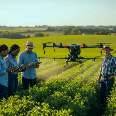 Four farmers in a lush field observing a drone spraying crops, using digital devices to analyze agricultural data.