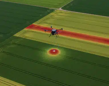Drone analyzing a field using a digital heat map to identify crop health or soil conditions.