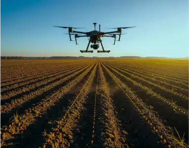 Drone flying low over evenly plowed farmland at sunrise or sunset.