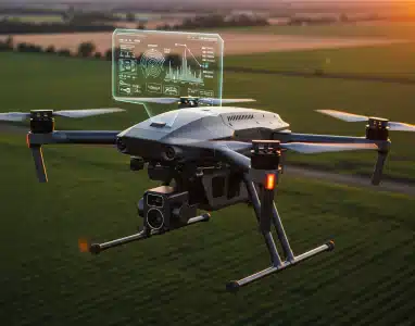 Drone flying over farmland with a digital interface showing data and analytics