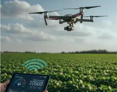 Drone flying over a crop field while being monitored via a tablet displaying data.