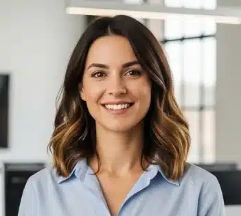 Smiling woman with shoulder-length hair in a light blue shirt, standing in a modern office with soft lighting.
