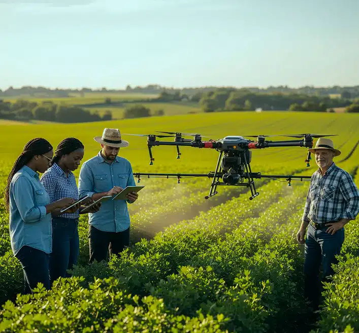 Four farmers in a lush field observing a drone spraying crops, using digital devices to analyze agricultural data.