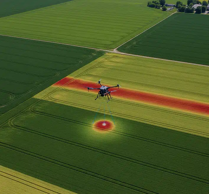Drone analyzing a field using a digital heat map to identify crop health or soil conditions.