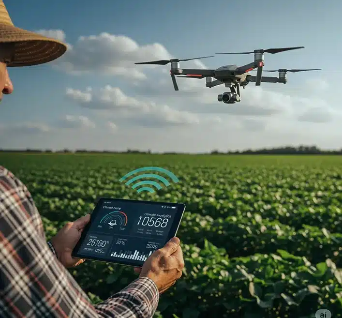 Drone flying over a crop field while being monitored via a tablet displaying data.