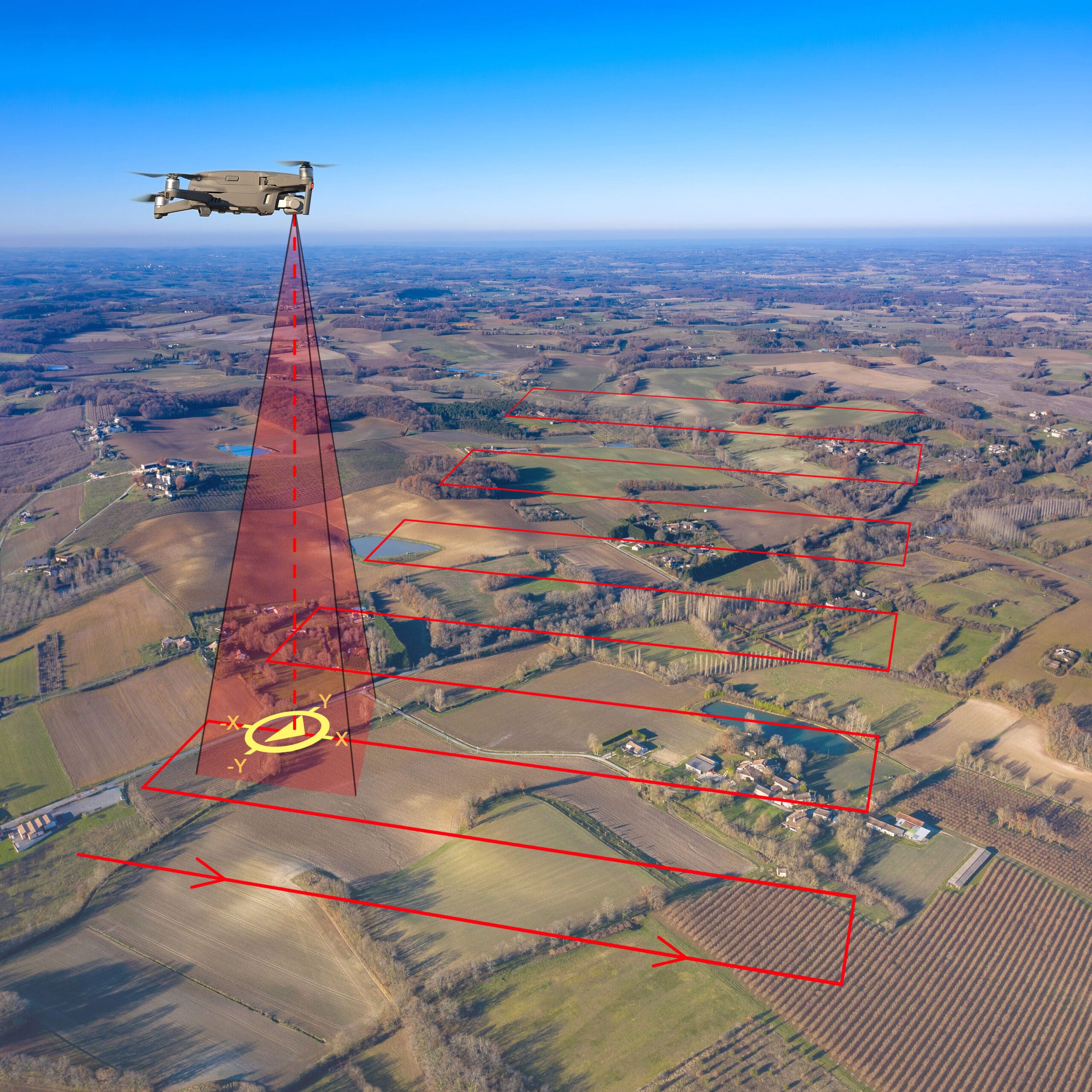 Four farmers in a lush field observing a drone spraying crops, using digital devices to analyze agricultural data.