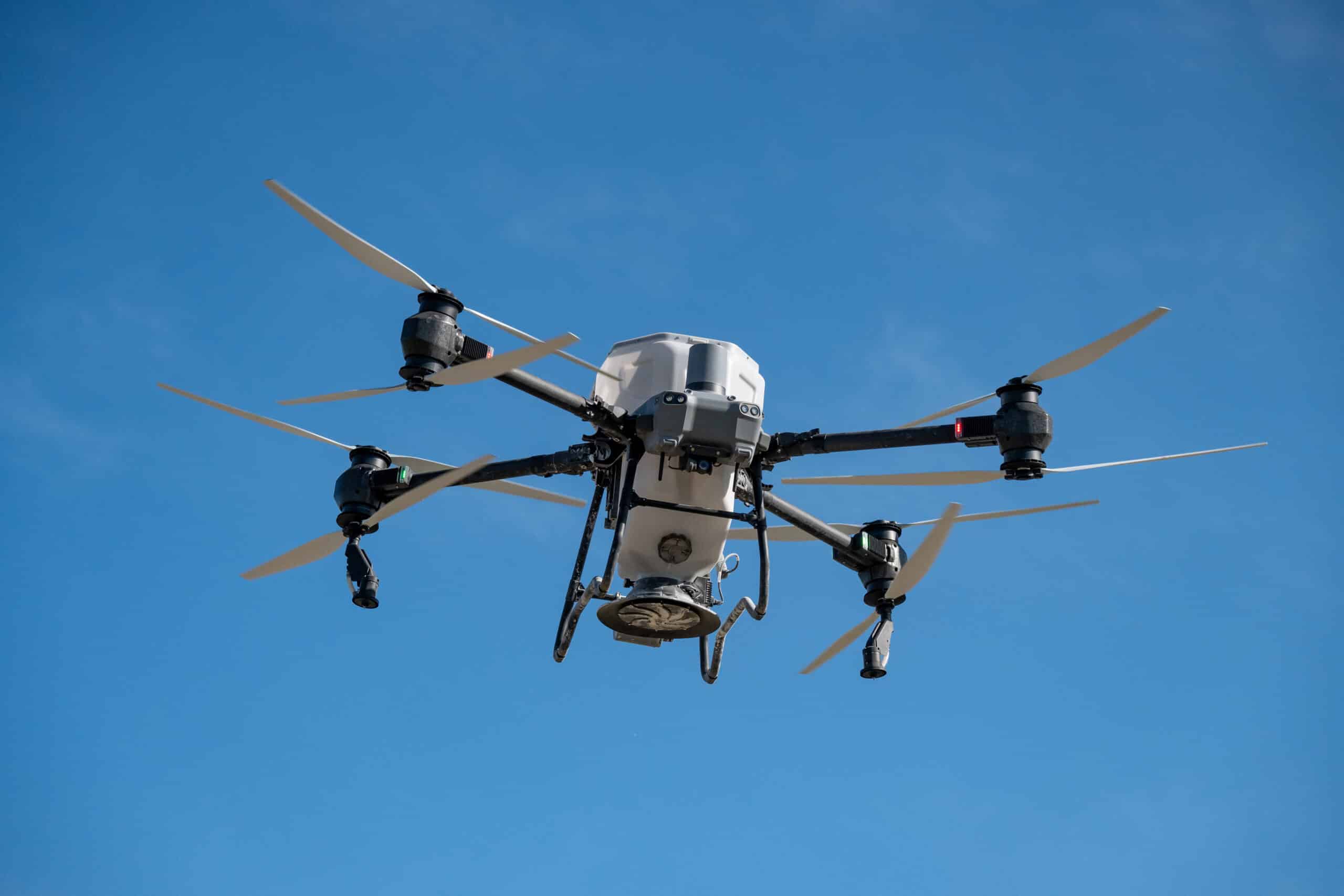 Four farmers in a lush field observing a drone spraying crops, using digital devices to analyze agricultural data.